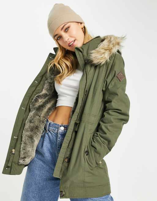 Hollister Teddy Lined Parka Jacket With Faux Fur Hood in Green