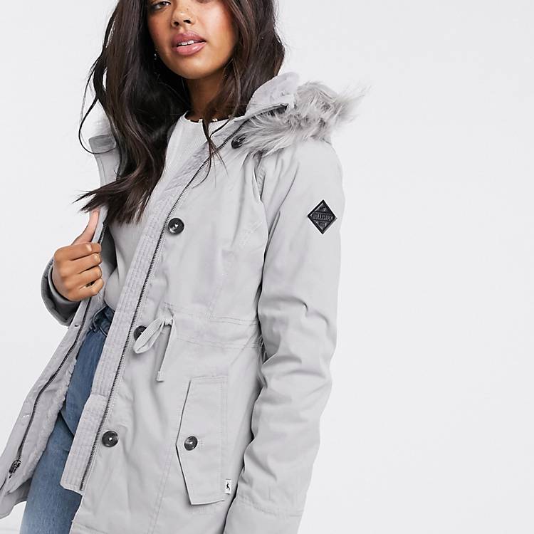 Madison two weeks disinfectant Hollister teddy lined parka jacket with faux fur hood in grey | ASOS