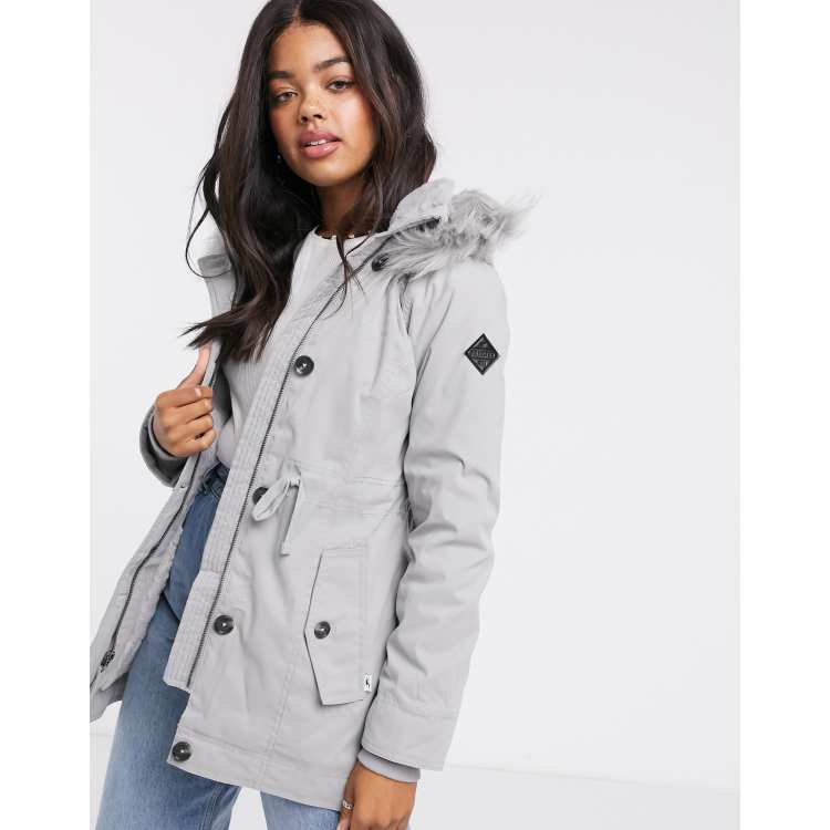 Hollister teddy lined parka jacket with faux fur hood in grey