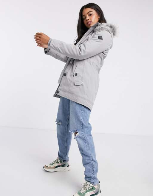 Hollister Teddy Lined Parka Jacket With Faux Fur Hood In Grey for