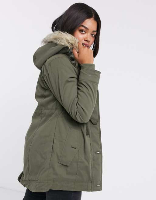 Hollister Khaki Cotton Coat/Jacket with Faux Fur Hood Trim UK XS