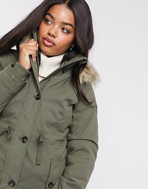 Hollister teddy lined parka jacket with faux fur hood in khaki