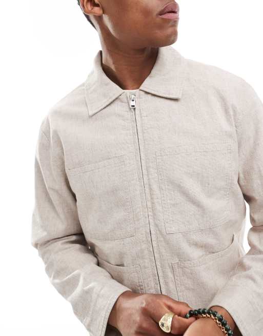 Hollister textured linen chore jacket in beige ASOS