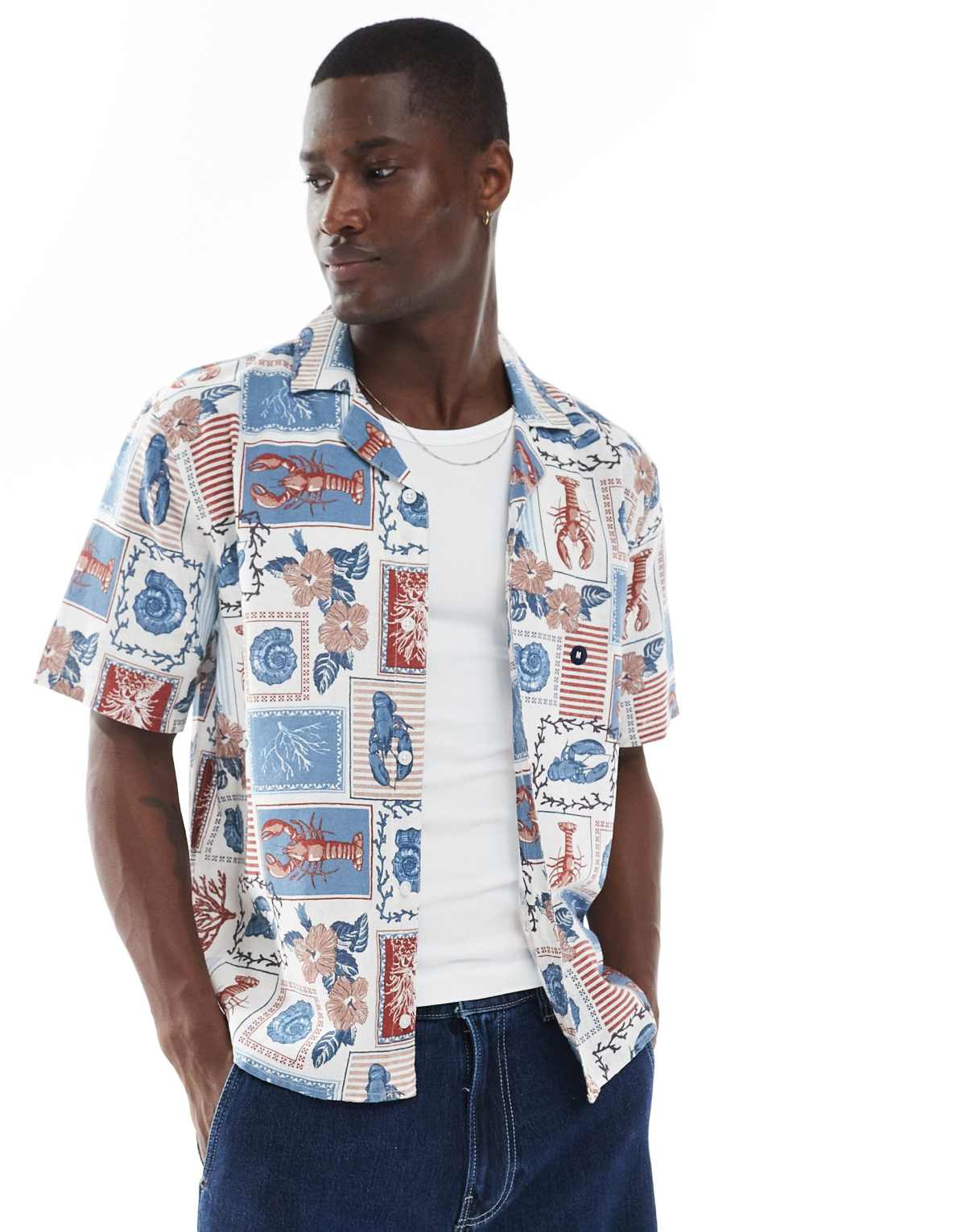 Hollister textured short sleeve shirt in lobster collage multi print