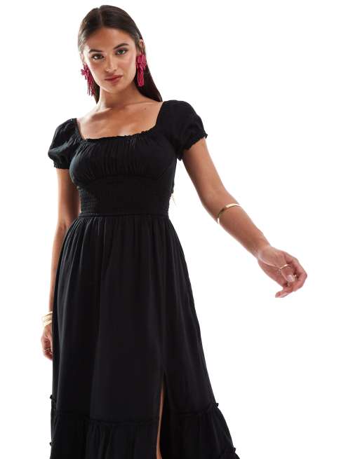 Hollister tie back midi dress with puff sleeves in black ASOS