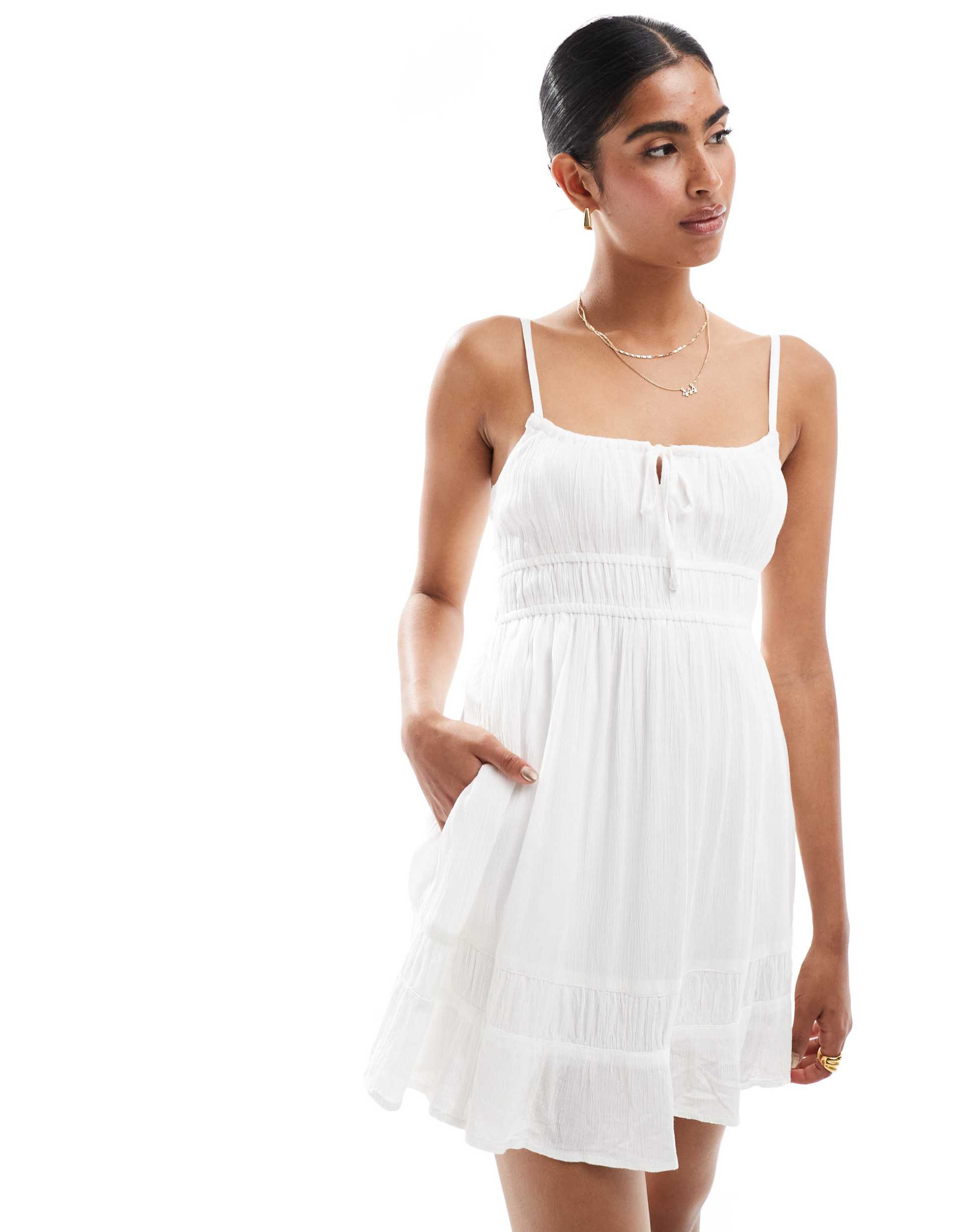 hollister tie back short dress with shirred bust detail in white