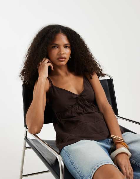 Hollister tie front babydoll cami top in brown - view 1