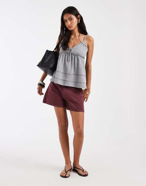 Hollister tie front babydoll cami top in grey, 2 of 4