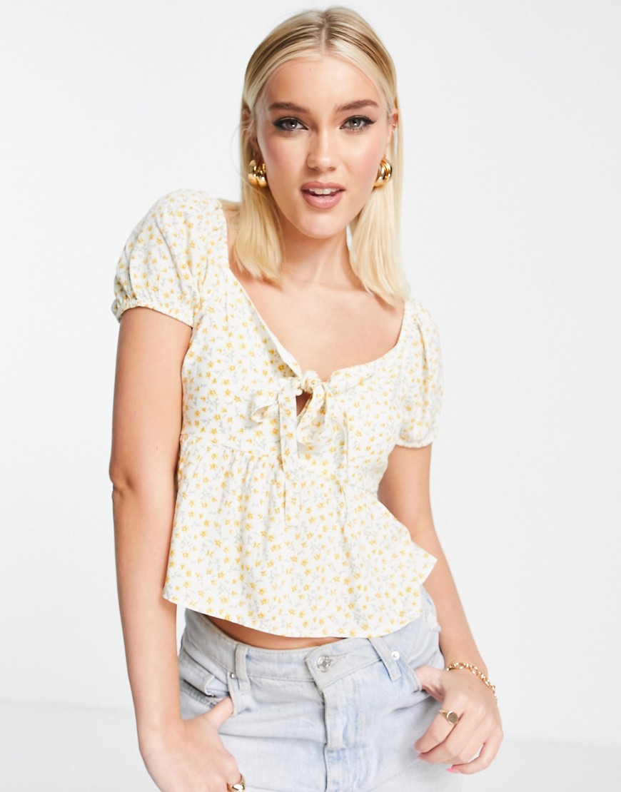 Hollister tie front babydoll top in white floral