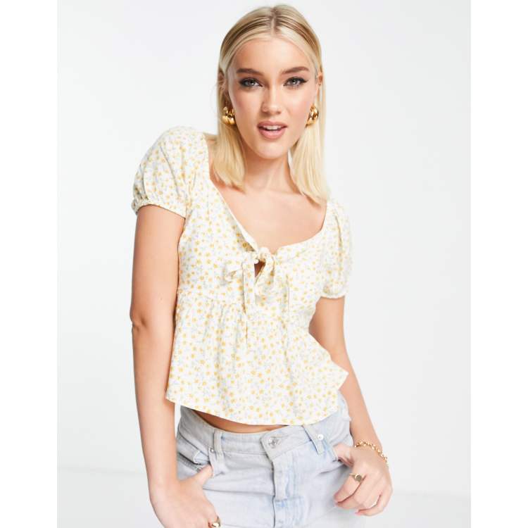 Hollister tie front babydoll top in white floral