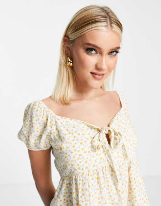 Hollister tie front babydoll top in white floral