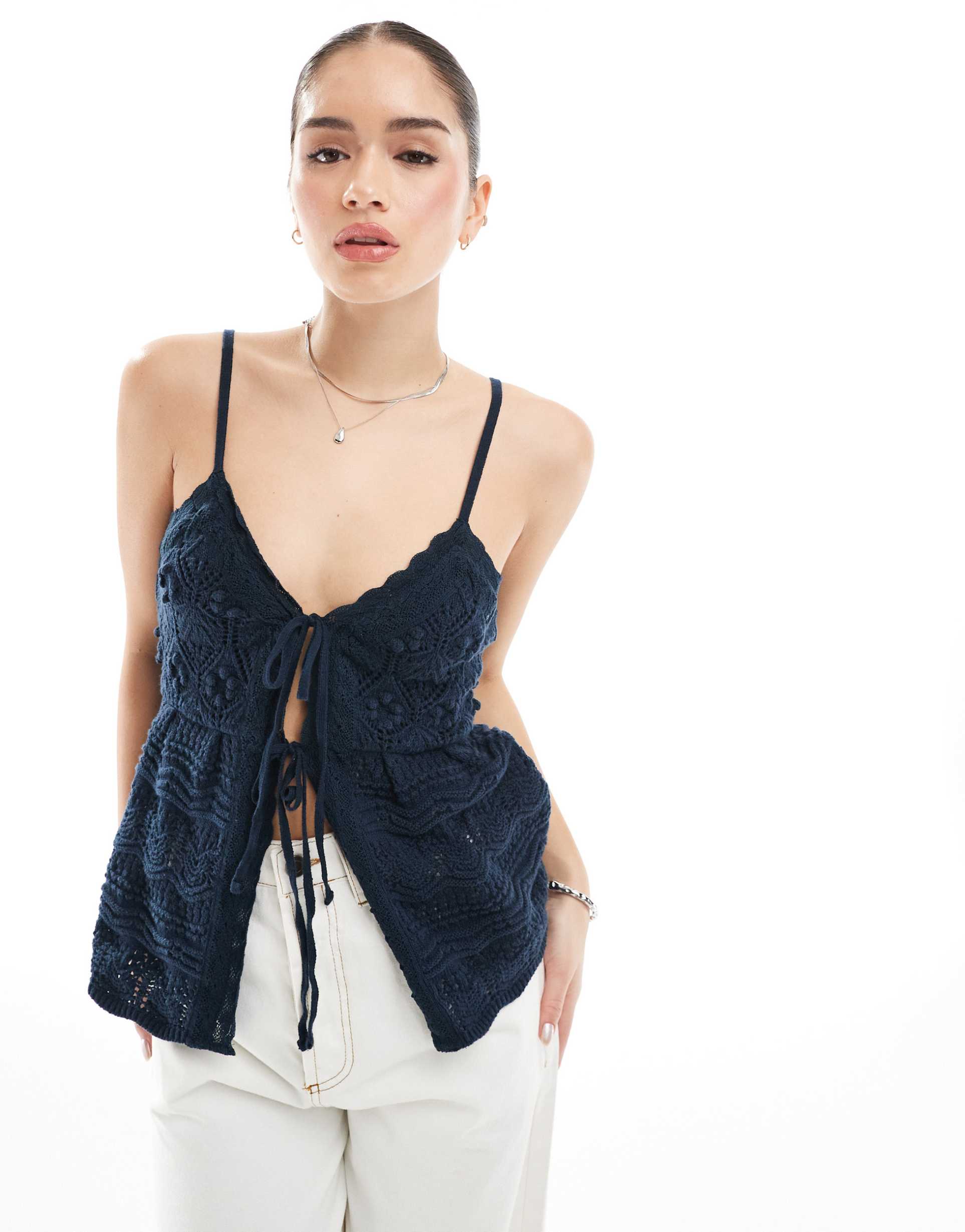 hollister tie front crochet top in navy