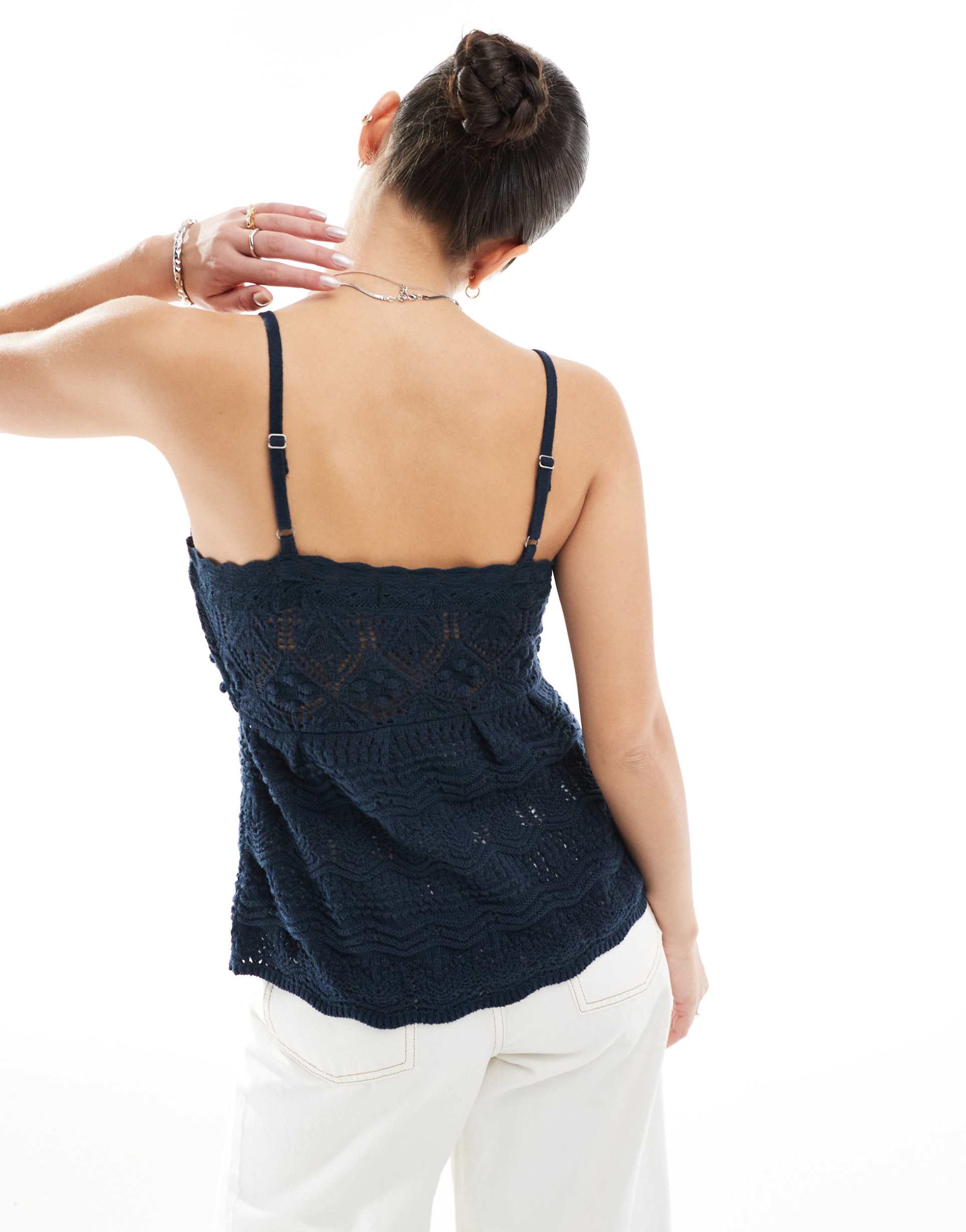 hollister tie front crochet top in navy