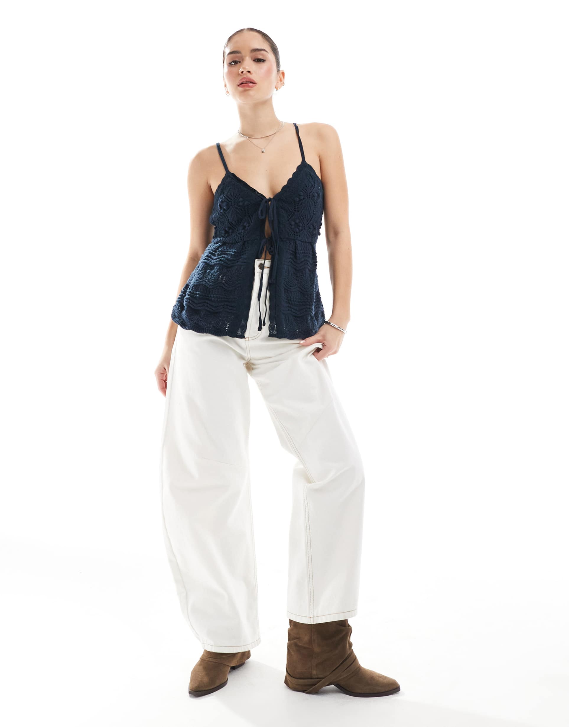 hollister tie front crochet top in navy