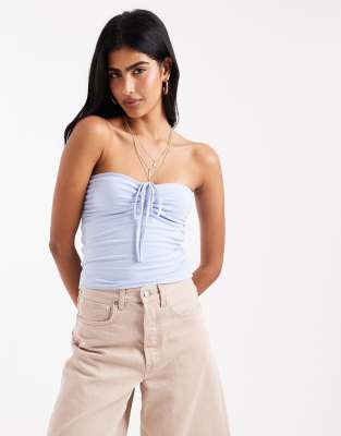 tie front halterneck tube top in light blue