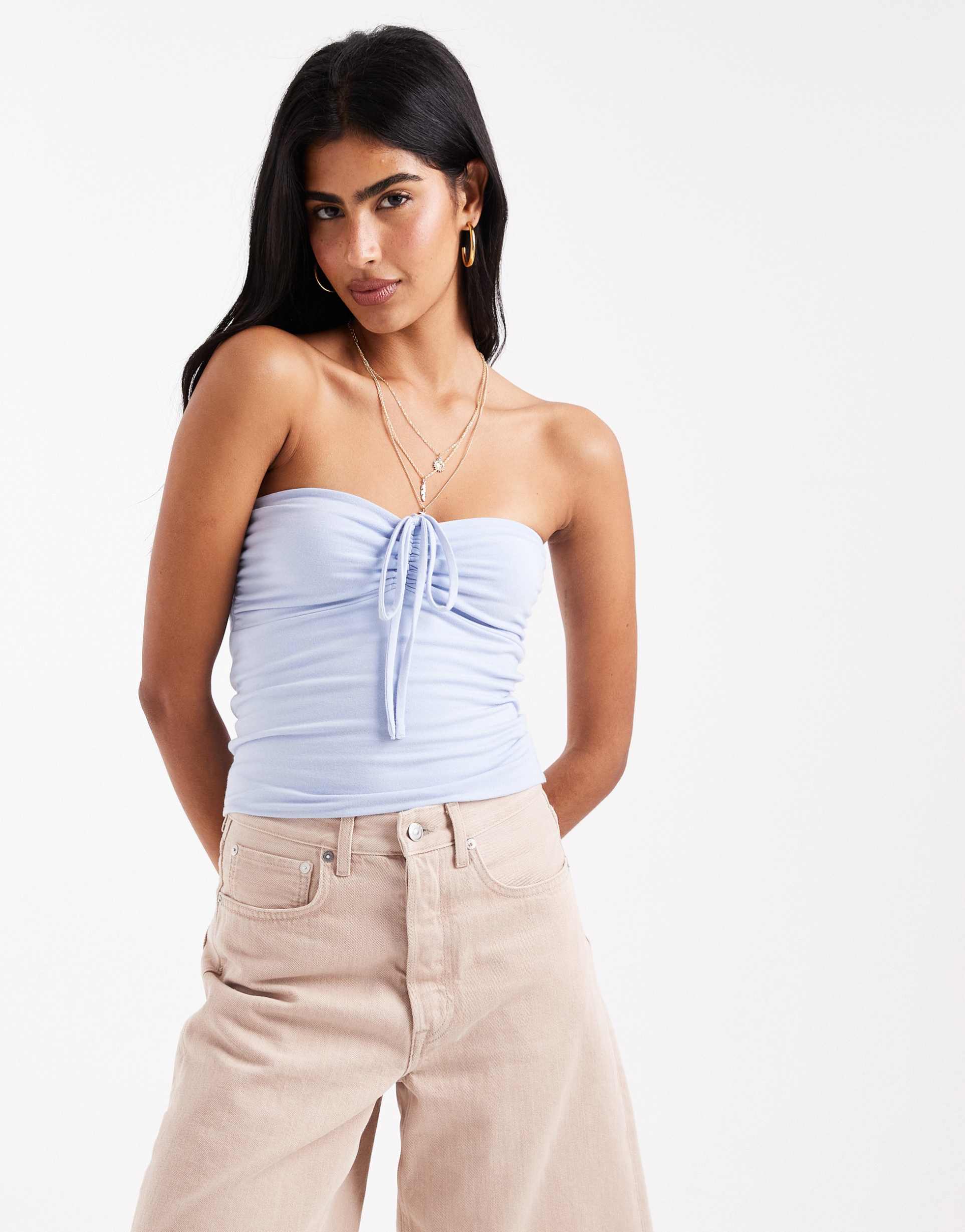 hollister tie front halterneck tube top in light blue