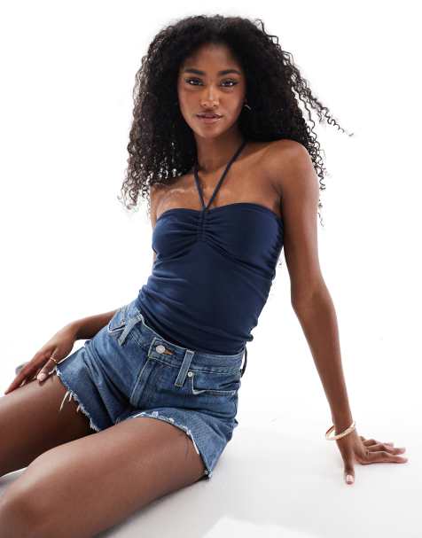 Hollister tie front halterneck tube top in navy - view 1