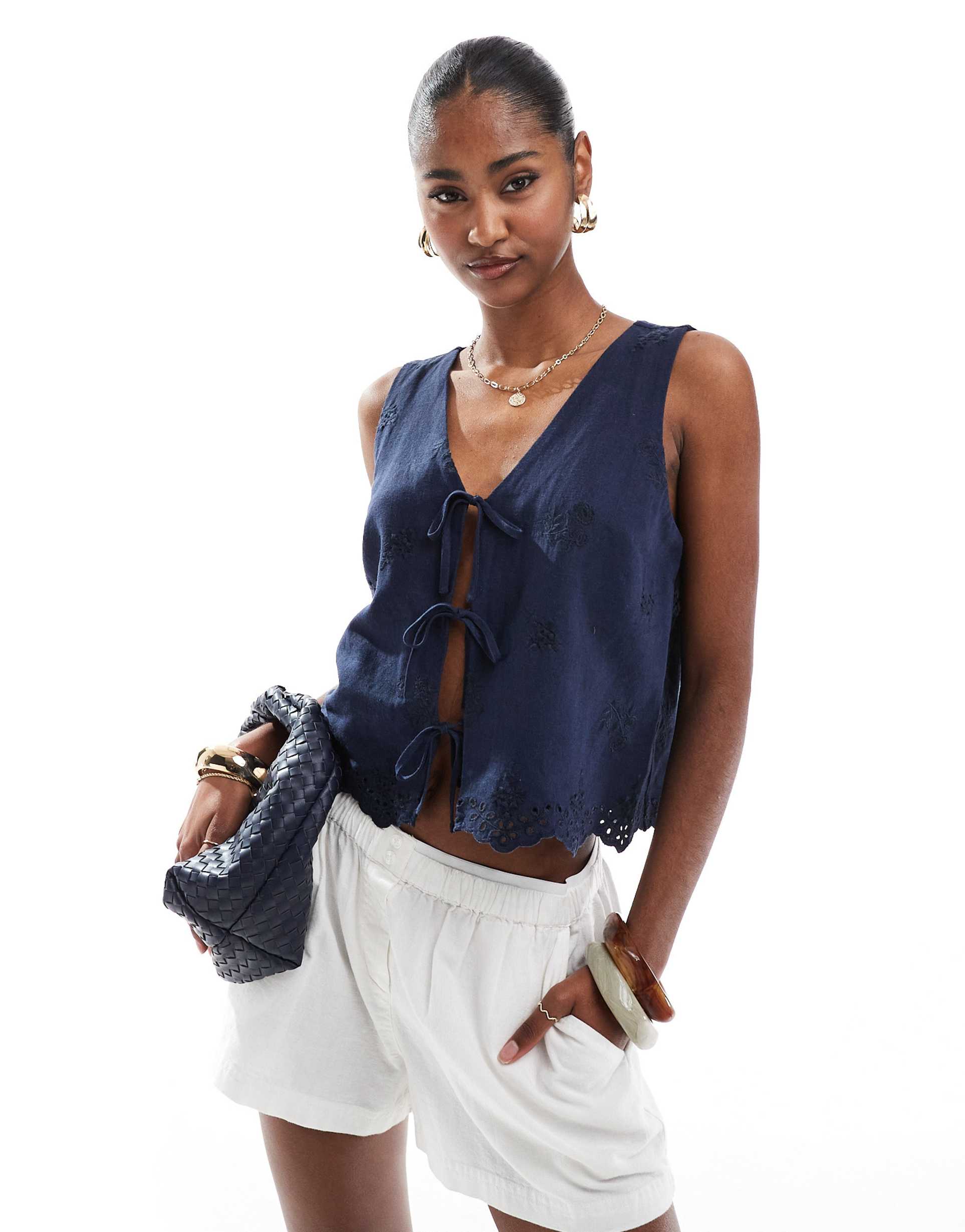 hollister tie front linen mix top in navy blue
