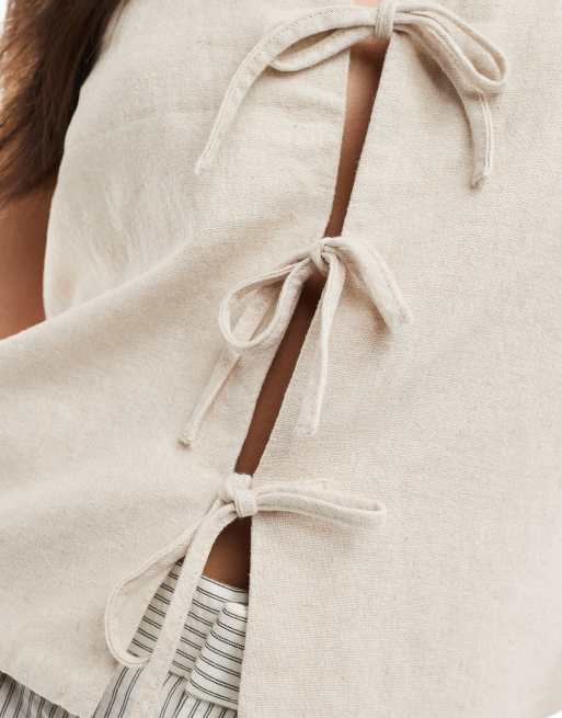 Hollister tie front linen top in oatmeal, 4 of 4
