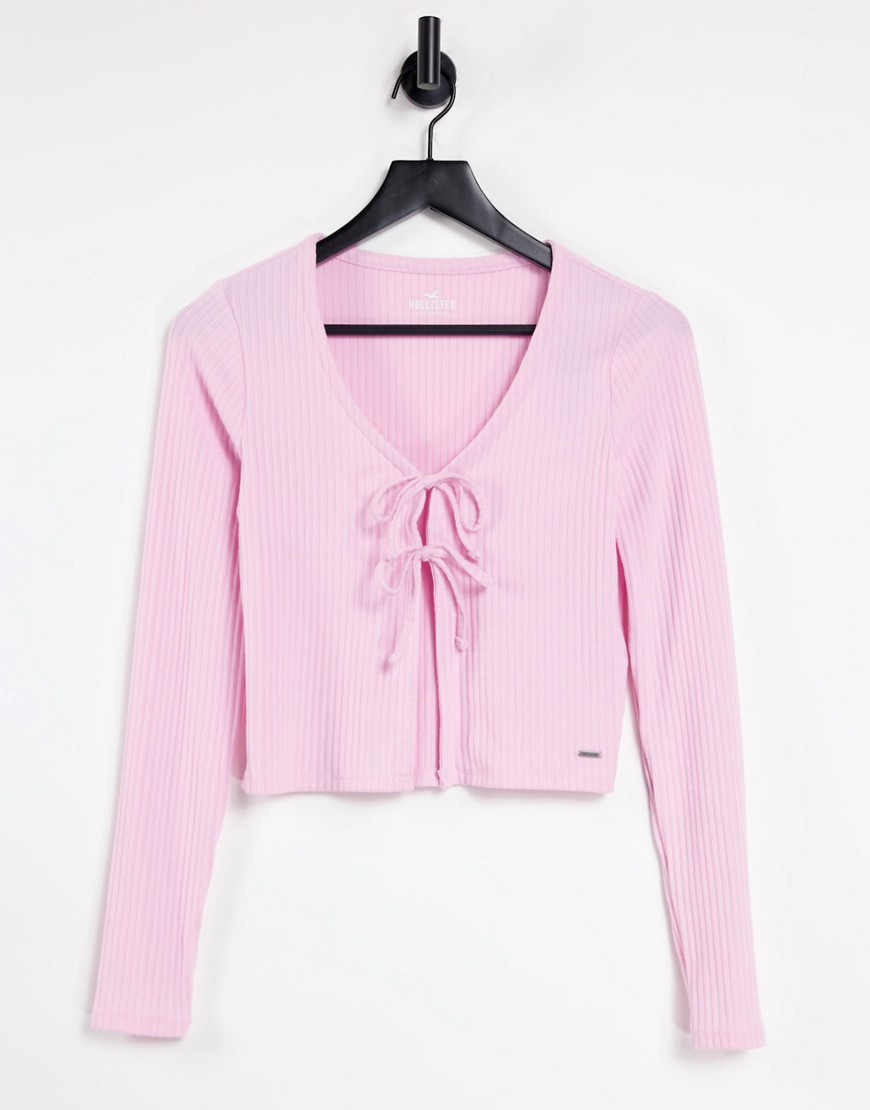 Hollister tie front long sleeve top in pink