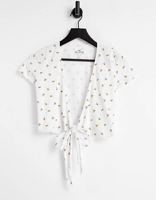 Hollister tie front wrap t-shirt in white floral
