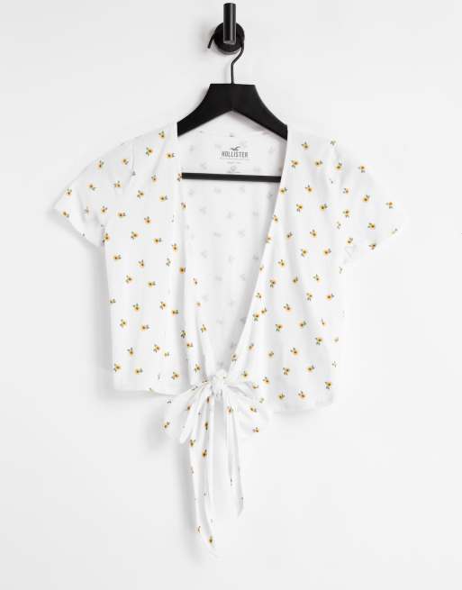 Hollister tie front wrap t shirt in white floral