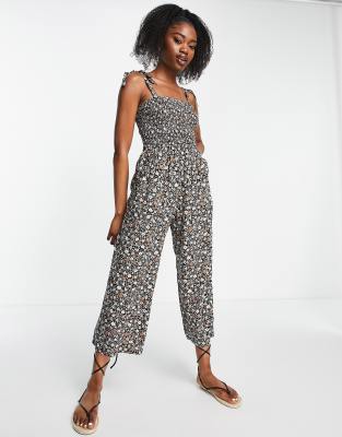 Hollister tie shoulder jumpsuit in black floral