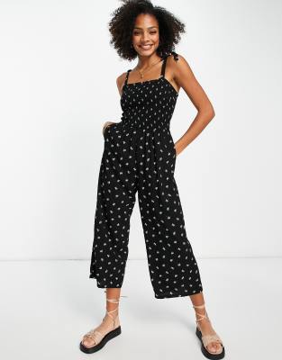 Hollister tie shoulder jumpsuit in black floral