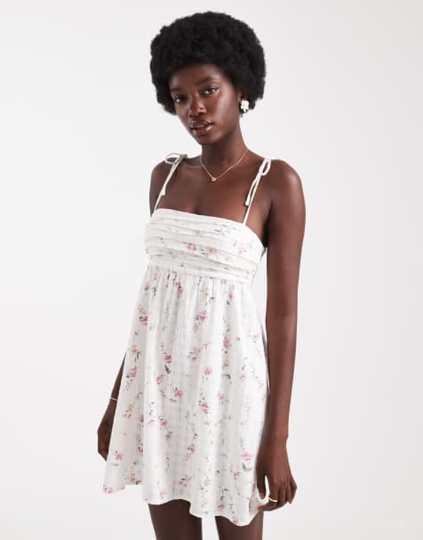 Hollister tie strap babydoll mini dress in white floral - view 1