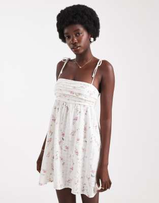 tie straps babydoll mini dress in white floral