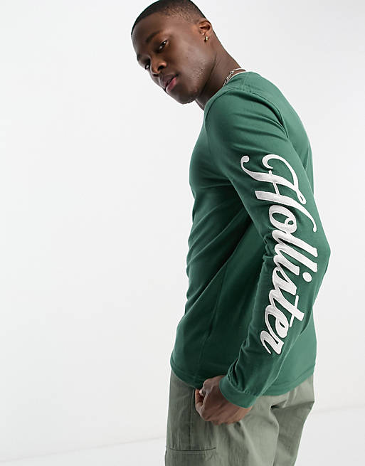 Hollister tipped central & arm logo long sleeve top in green