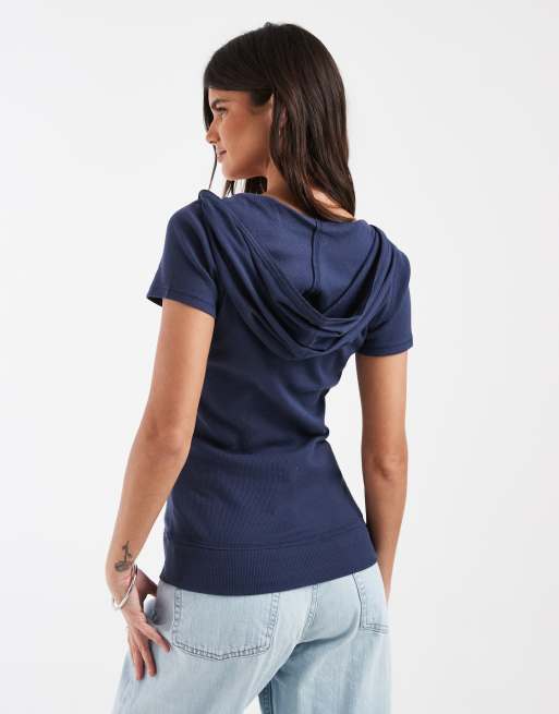Hollister top à capuche à manches courtes style henley en bleu marine, 4 de 4