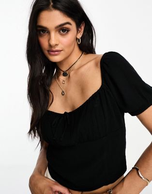 Hollister top in black with square neck and cap sleeves - ASOS Price Checker
