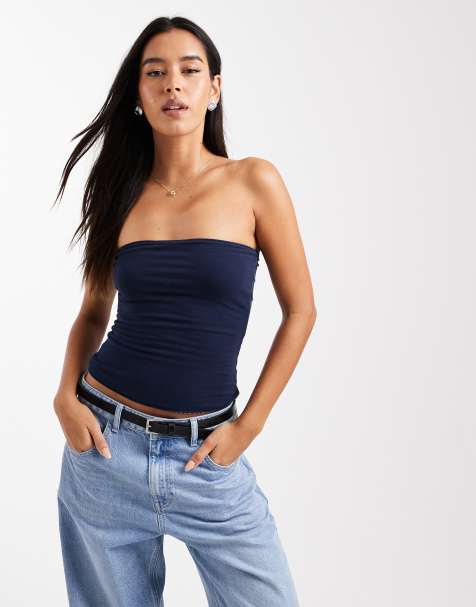 Hollister - Top a fascia double-face blu navy a quadretti con risvolto - view 1