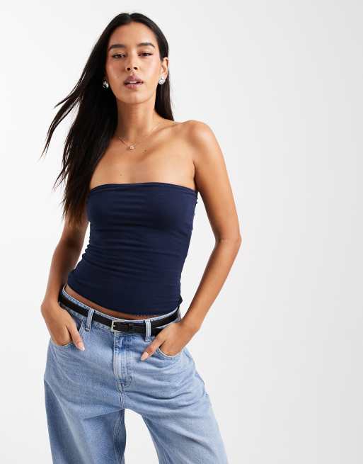 Hollister - Top a fascia double-face blu navy a quadretti con risvolto