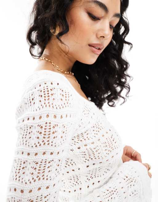 Hollister - Top a maniche lunghe bianco all'uncinetto con scollo squadrato, 2 di 4