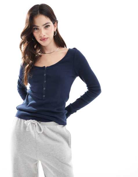 Hollister - Top a maniche lunghe blu navy con bottoni - view 1