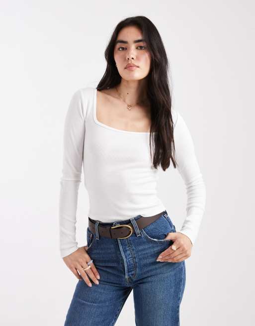 Hollister - Top a maniche lunghe con scollo rotondo bianco