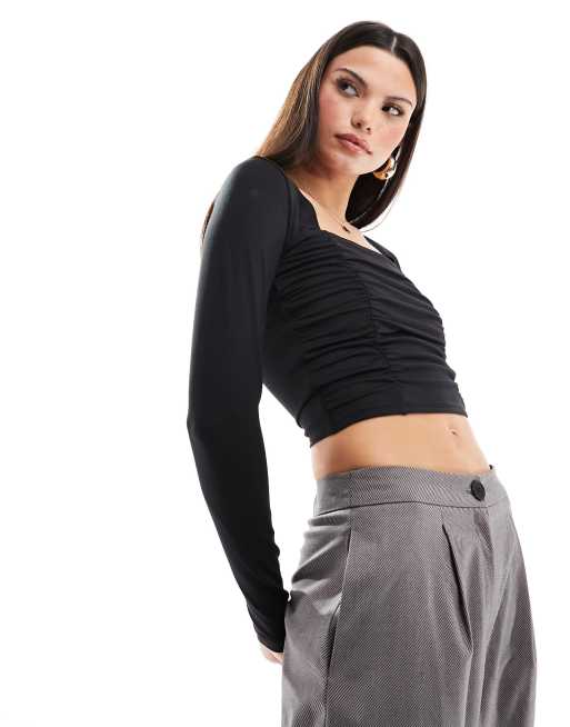 Hollister - Top a maniche lunghe nero arricciato sul lato