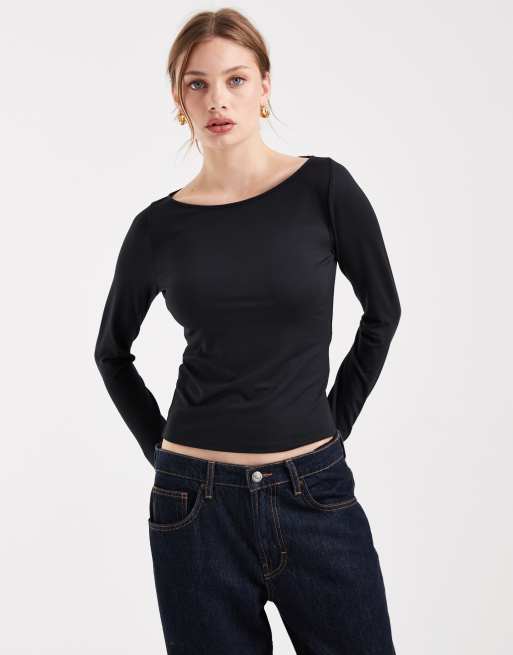 Hollister - Top a maniche lunghe nero con scollo a barchetta