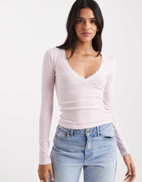 Hollister - Top a maniche lunghe rosa con finiture in pizzo - view 1