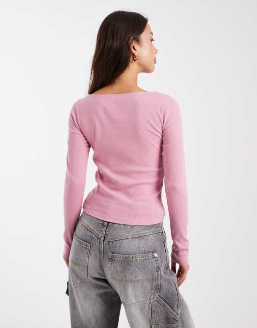 Hollister - Top a maniche lunghe rosa con scollo a barchetta senza cuciture, 2 di 4
