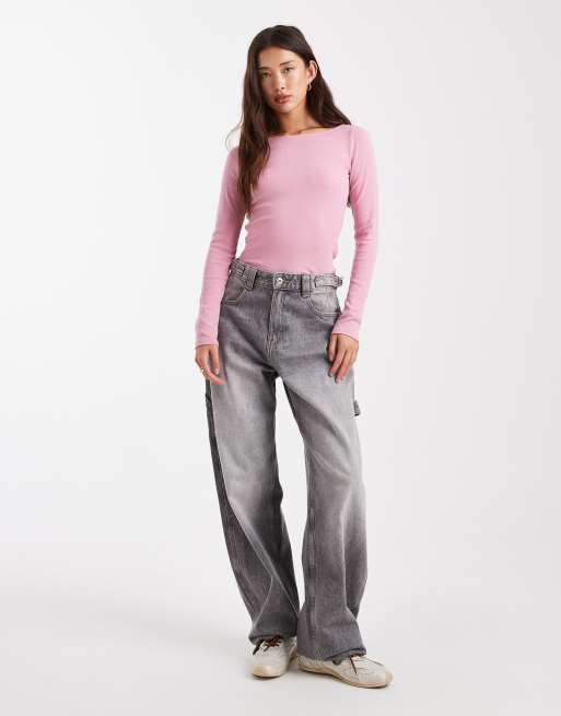 Hollister - Top a maniche lunghe rosa con scollo a barchetta senza cuciture, 3 di 4