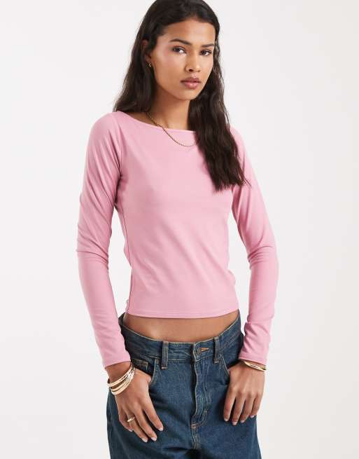 Hollister - Top a maniche lunghe rosa con scollo a barchetta senza cuciture