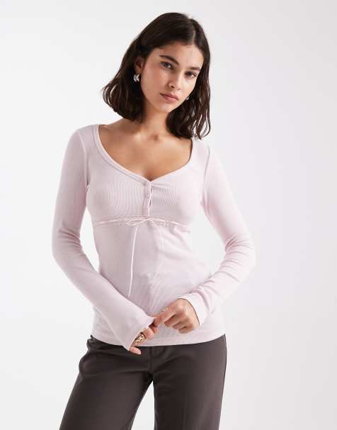 Hollister - Top a maniche lunghe rosa con scollo a V e bottoni - view 1