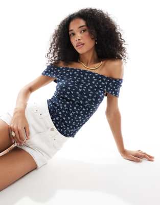 Top à petites fleurs avec manches courtes et épaules dénudées - Bleu marine XXS