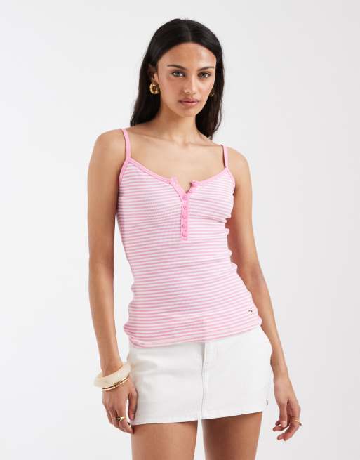 Hollister - Top a rayas rosas de tirantes con cuello panadero