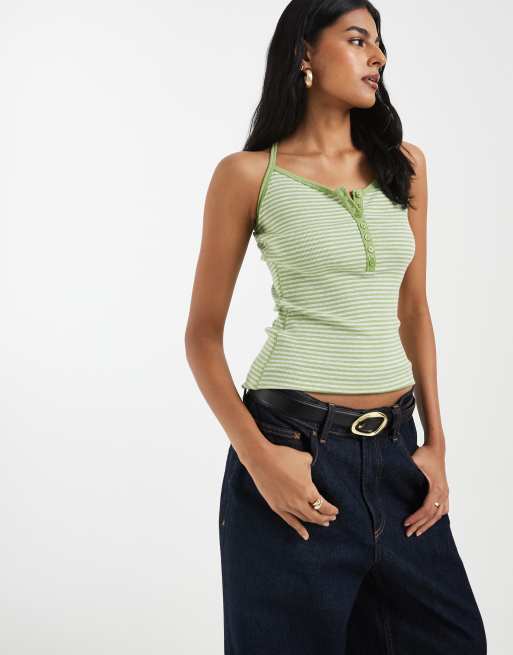 Hollister - Top a rayas verdes de tirantes con cuello panadero, 1 de 4