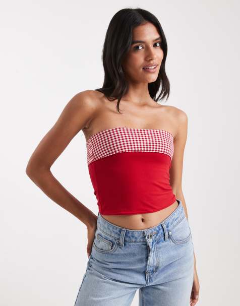 Hollister - Top a tubino double-face rosso a quadretti con risvolto - view 1