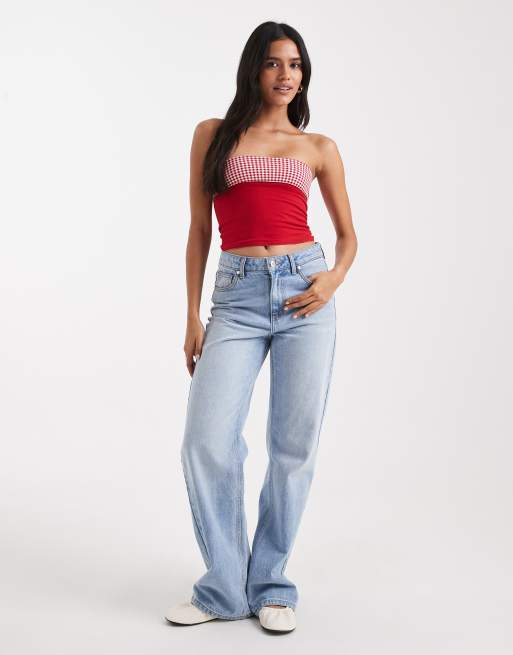 Hollister - Top a tubino double-face rosso a quadretti con risvolto, 3 di 4